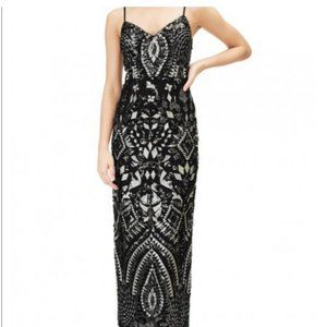 Aidan Mattox Glitter Sequined Embroidered Art Deco Dress Black Silver 10